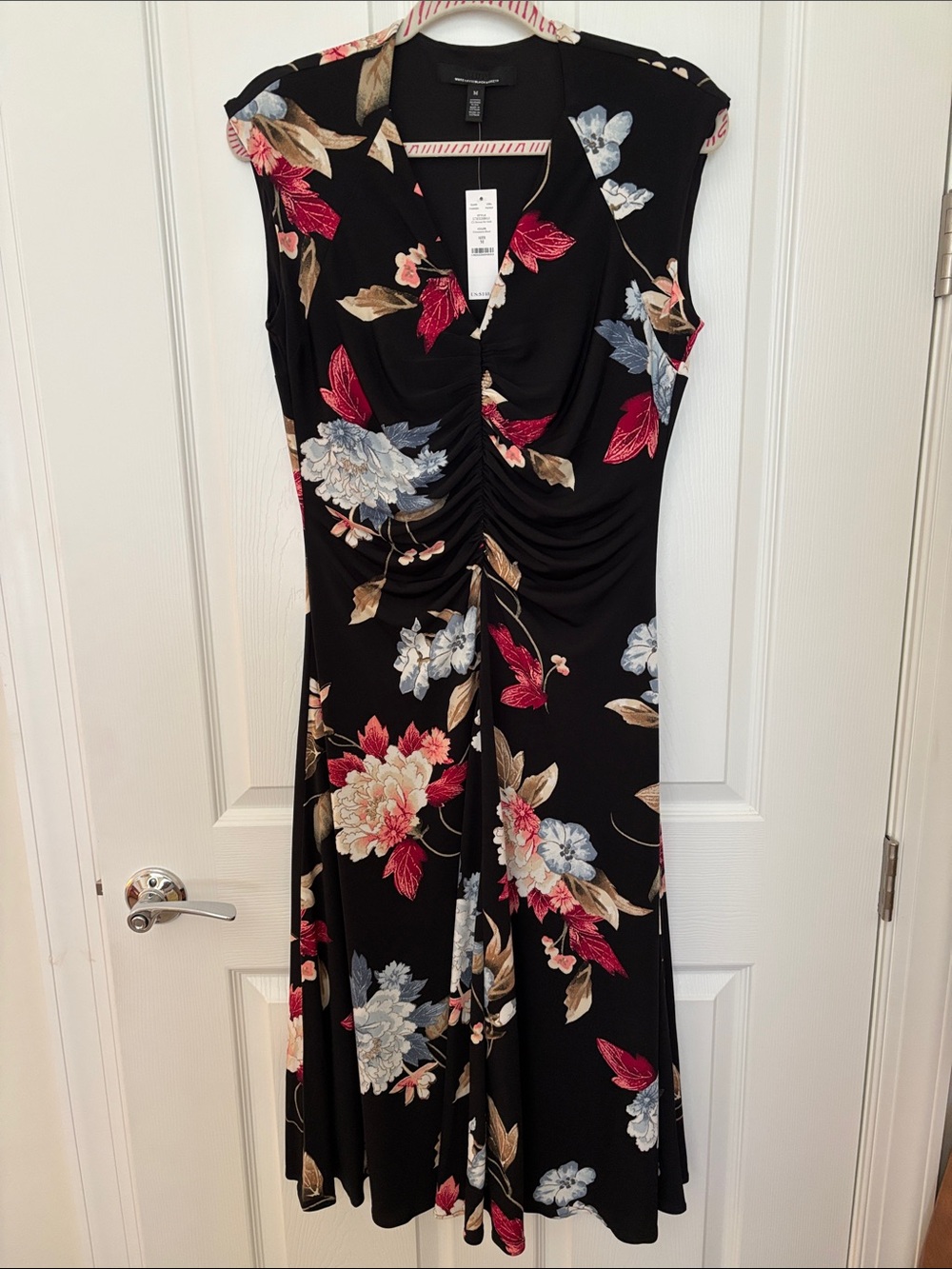 Sleeveless Black Floral Ruched Midi Dress - Size S
